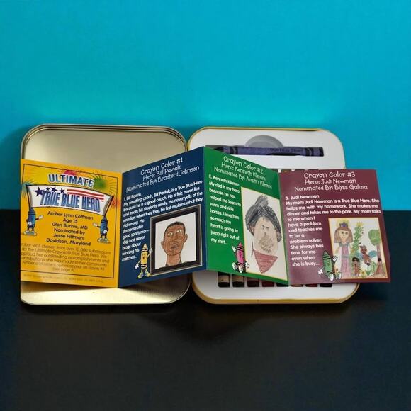 Crayola Crayons Vintage Tin Honors True Blue Heroes Limited Ed 9 Special Crayons - Picture 8 of 11